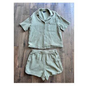 ASOS Sage Green Cotton Waffle Matching Set Button Up Shorts Size 10 Lightweight